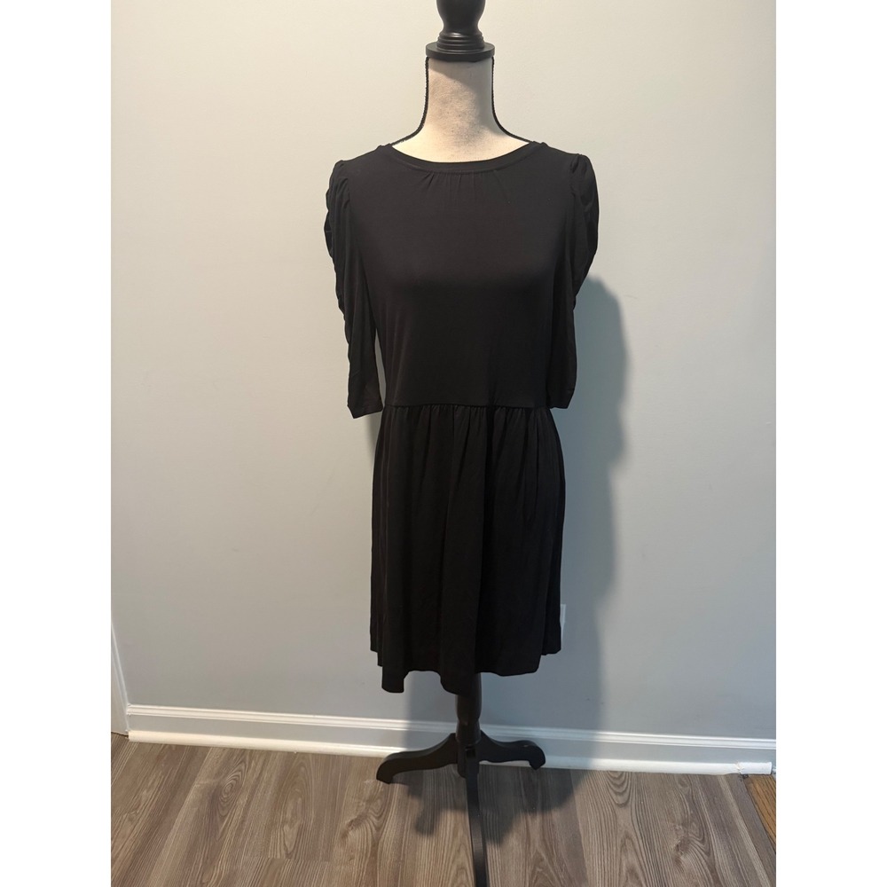 Loft Womens Black Puff Sleeve Ruched Drop Waist Knit Dress Size Small NWT